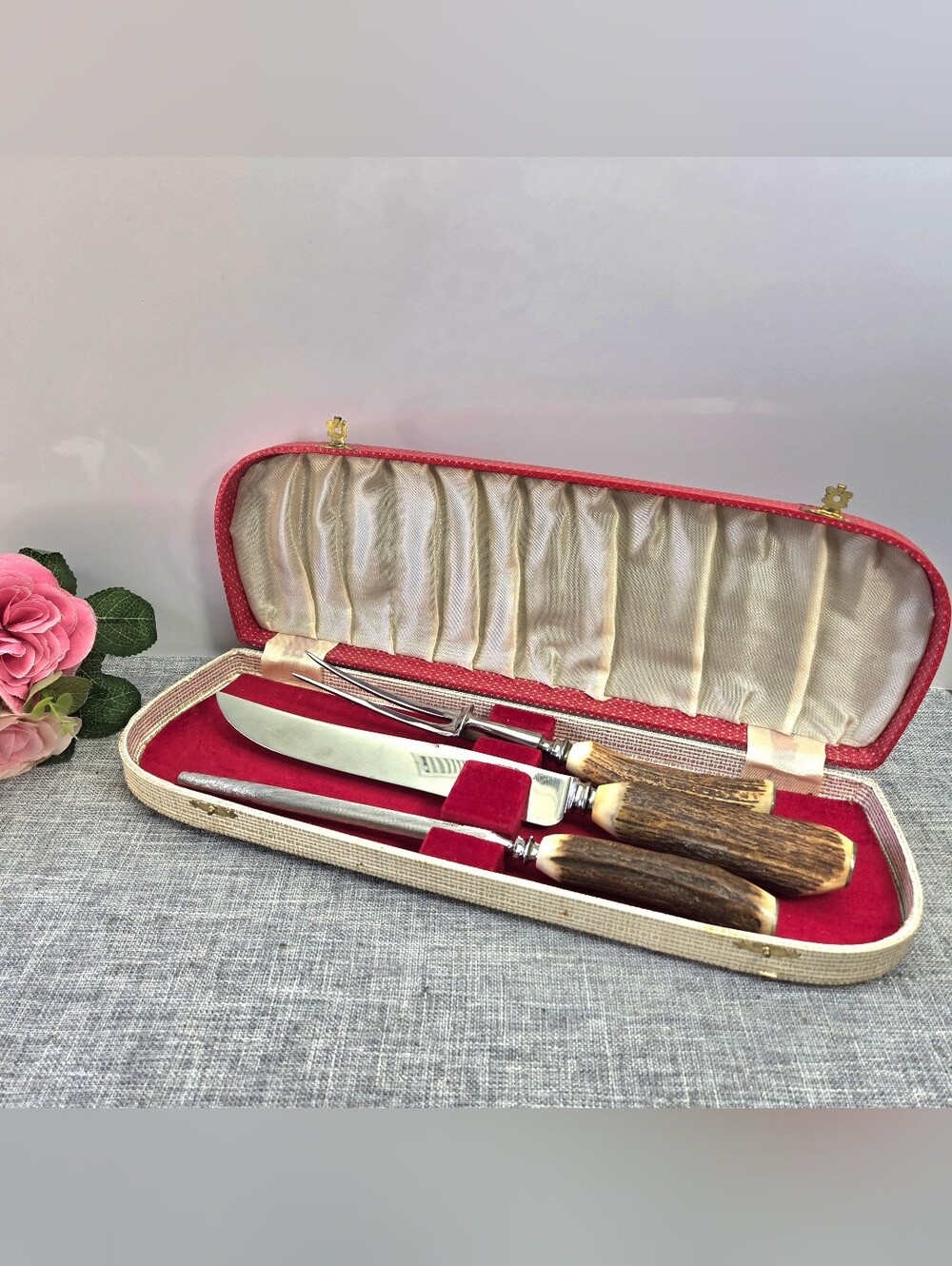 Vintage Premier Life Time Carving Set Stag Horn Handle Sheffield England Cased